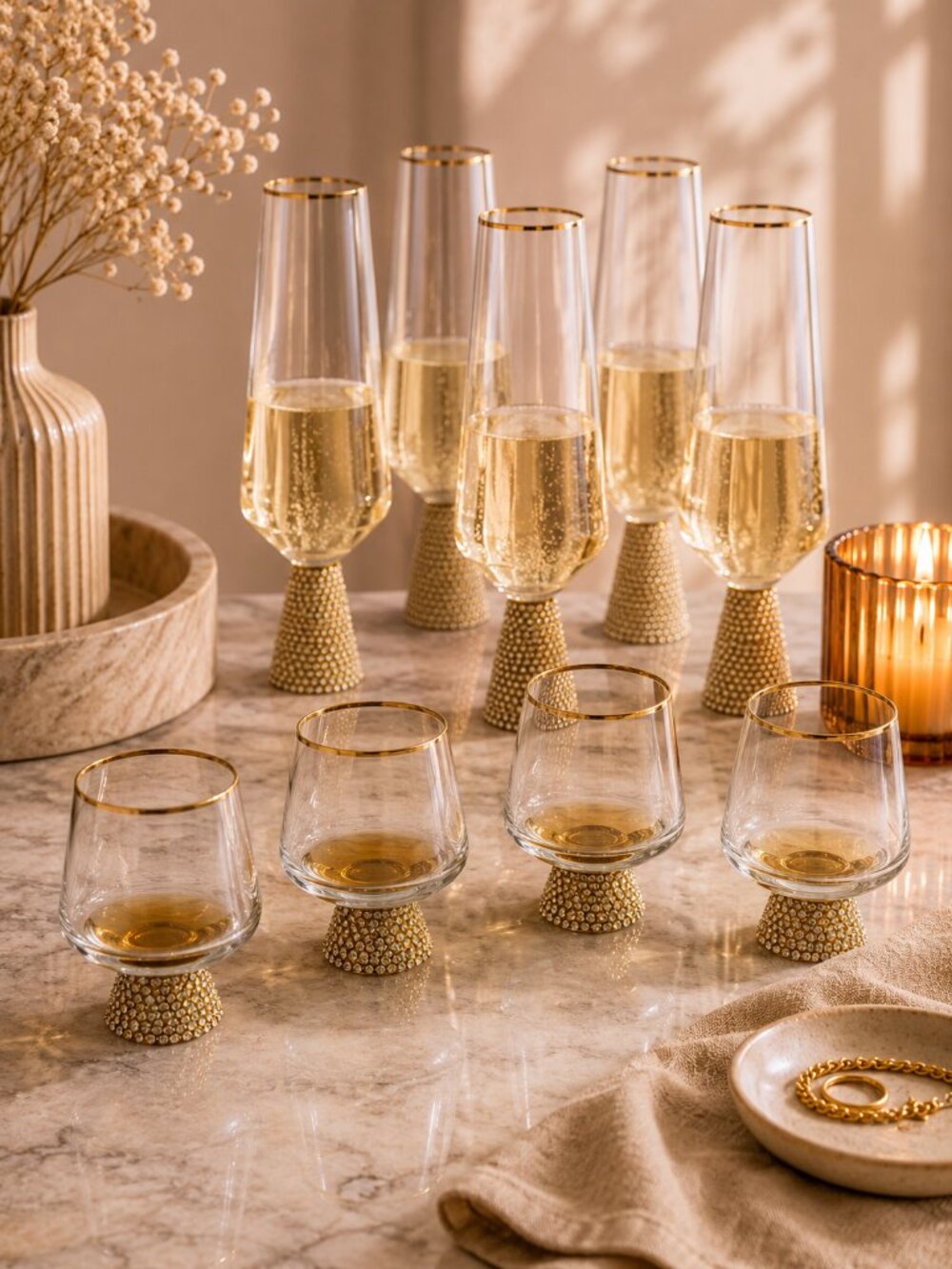 Christian Siriano Barware Lot Flutes & Cordial Shot Glasses | Rhinestones | Gold